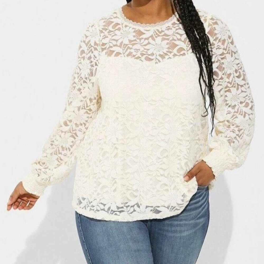 Torrid Stretch Lace And Mesh Crew Neck Long Sleeve Top Ivory